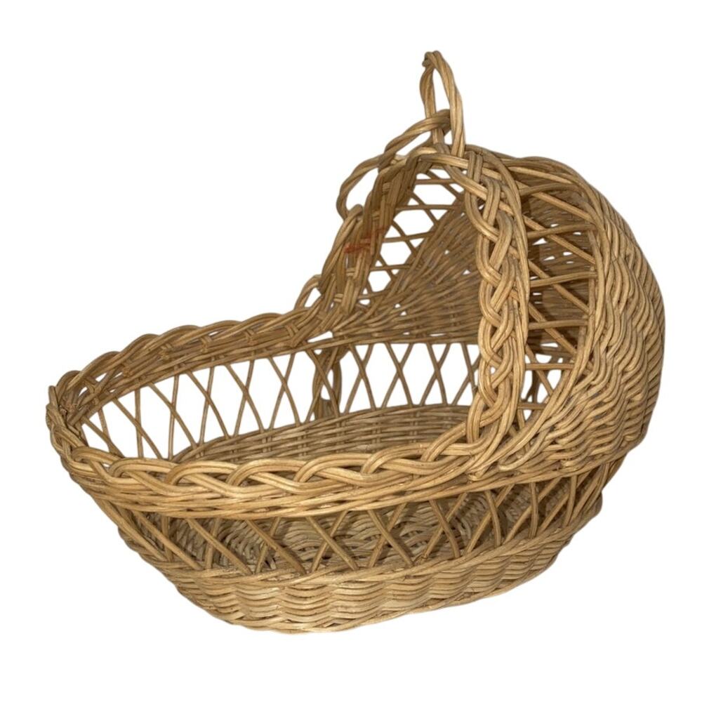 Vintage Wicker Baby Doll Bassinet Hanging Dollhouse Pretend Play House Toy